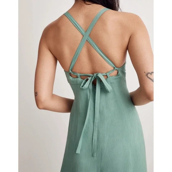 Madewell Tie-Back Midi Cami Dress Light Green Linen Blend - Picture 3 of 16